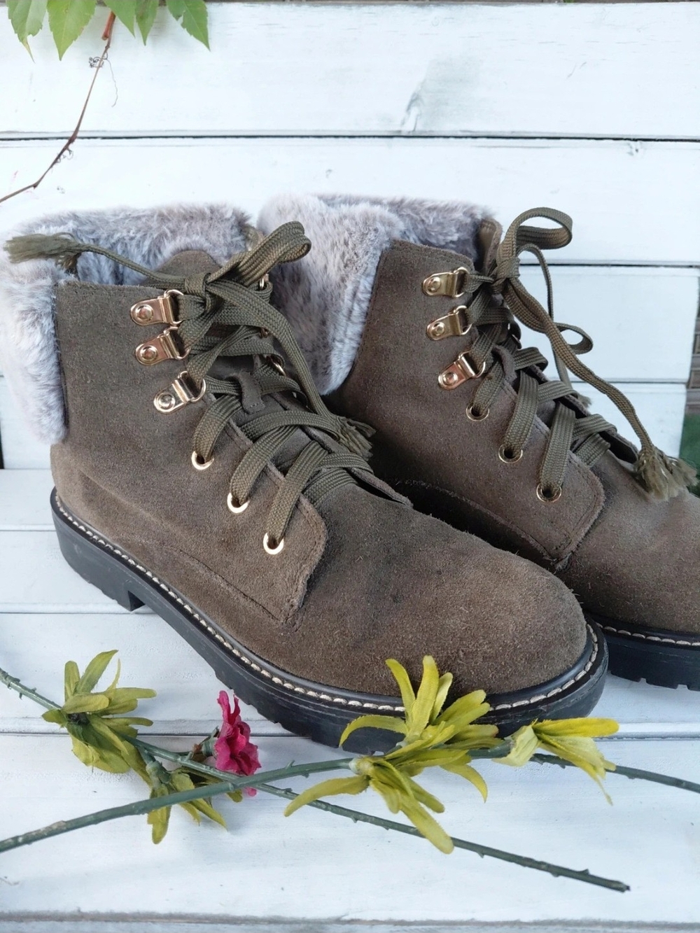 Bandolino Lauria Olive Suede Lace-Up Ankle Boots with Faux Fur - Olive